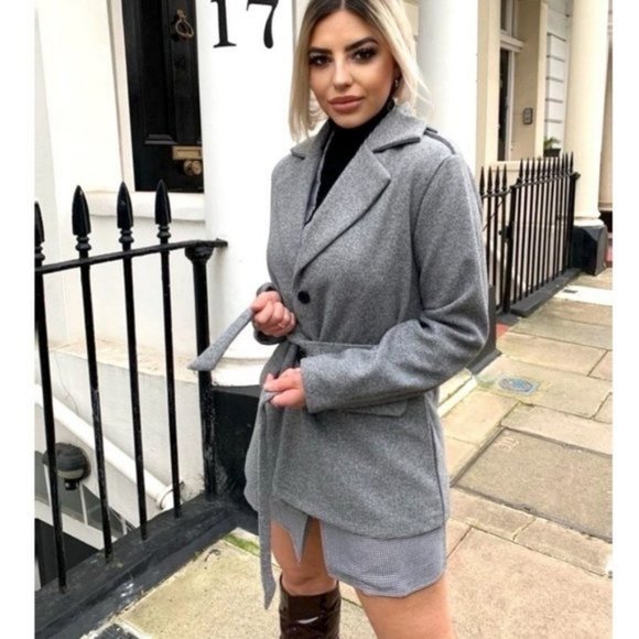 Gray Wool Blend Long Sleeve Belted Jacket - Picture 8 of 10